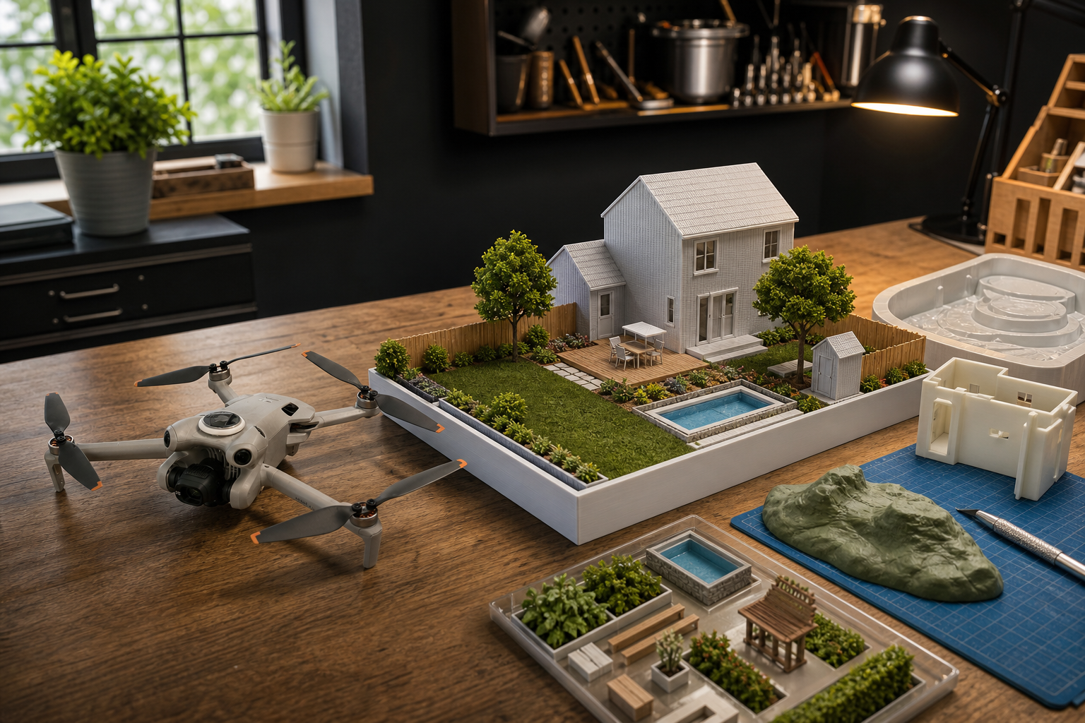AI-generated concept image of a miniature property planning model on a workshop table with a reference-based quadcopter drone and 3D printed house.
