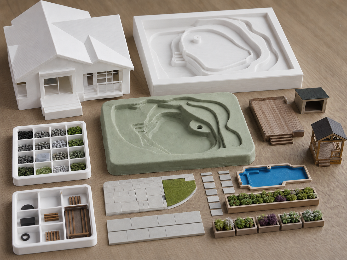 AI-generated concept image of a miniature property planning kit with a 3D printed house, terrain mould, editable clay terrain, deck, pool, garden beds, and modular landscaping pieces.