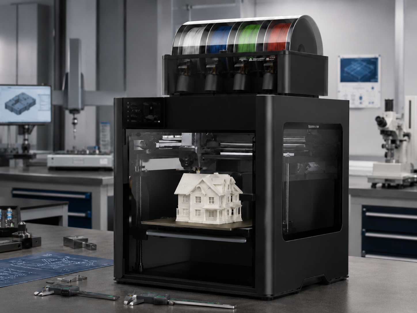 AI-generated concept image of an enclosed 3D printer producing a white miniature house model.