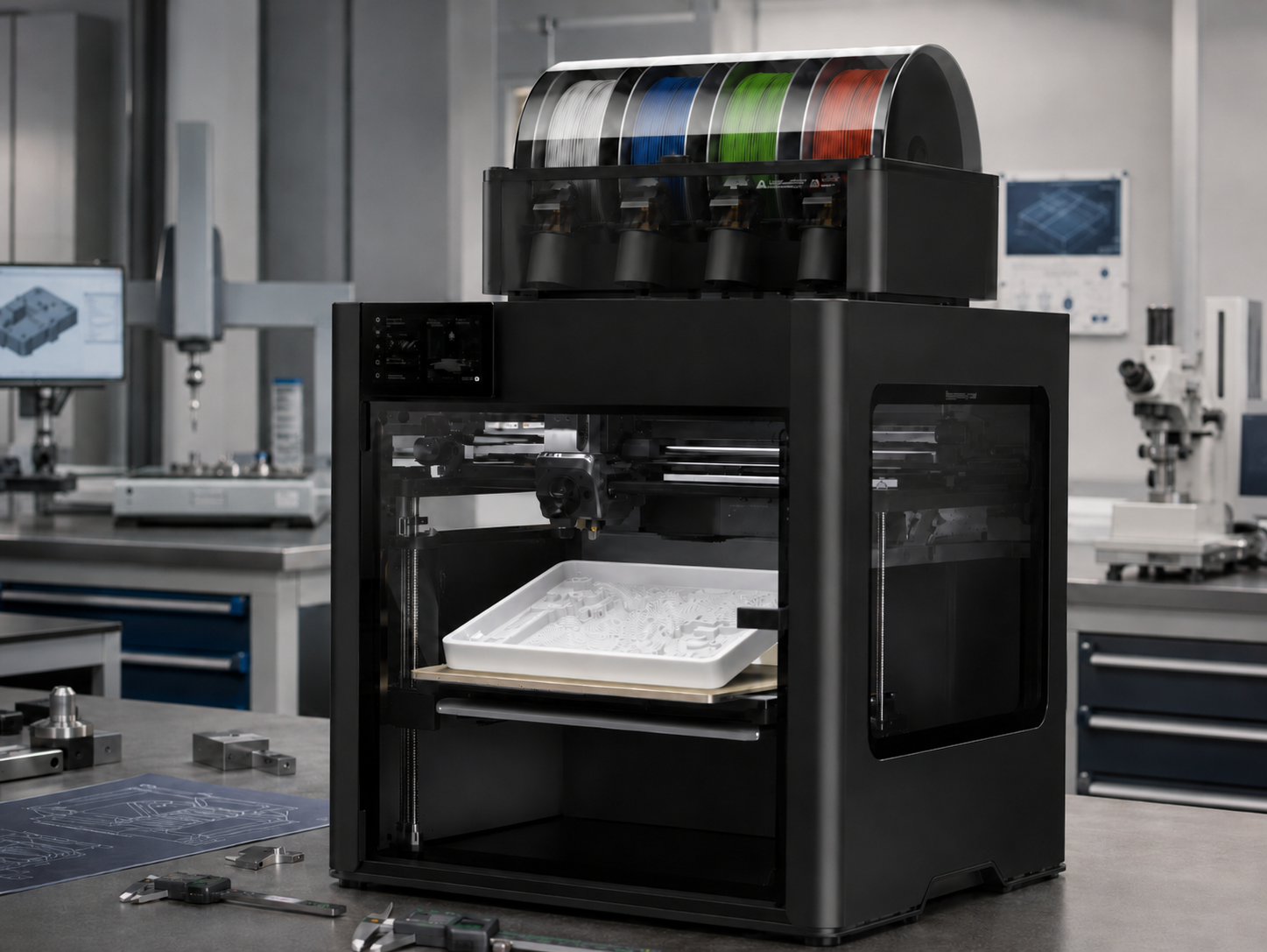 AI-generated concept image of an enclosed 3D printer producing a white negative terrain mould tray.
