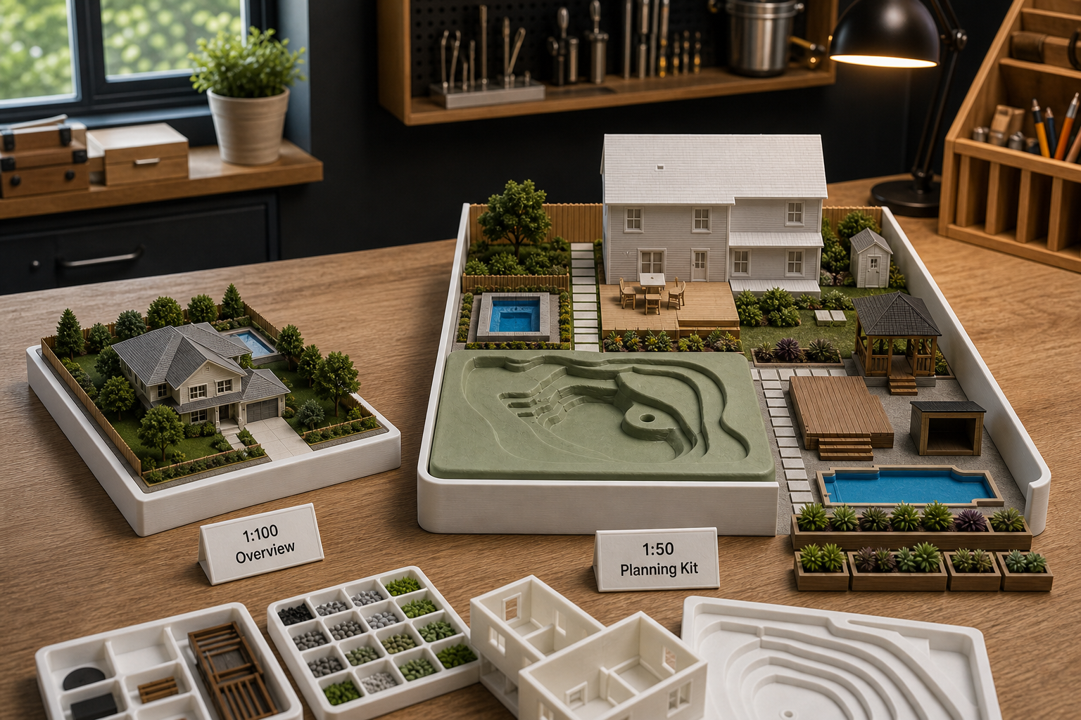 AI-generated concept image comparing a 1:100 property overview model with a larger 1:50 backyard planning kit.